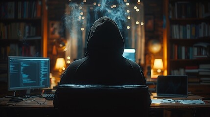 Poster - A hooded figure sits at a desk with a computer and a laptop in front of them, illuminated by a lamp and the glow of the computer screen in a dimly lit room.
