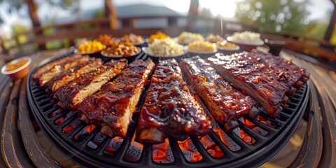 Sticker - An immersive 360-degree equirectangular panorama of a traditional barbecue cookout, with racks of succulent ribs, brisket, and chicken