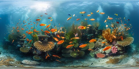 Poster - An immersive 360-degree equirectangular panorama of a vibrant coral reef teeming with marine life, showcasing colorful fish, intricate