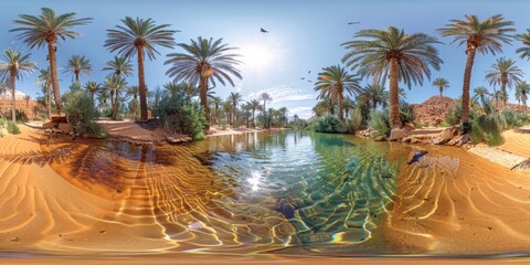 Wall Mural - An immersive 360-degree equirectangular panorama of a serene desert oasis, with palm trees swaying in the desert breeze