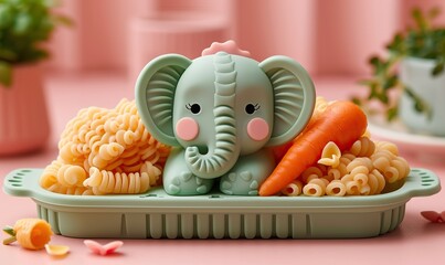 childrens lunch top view steamed broccoli, pasta in an elephant shaped plate, carrot in a green bowl set against a pink background.illustration