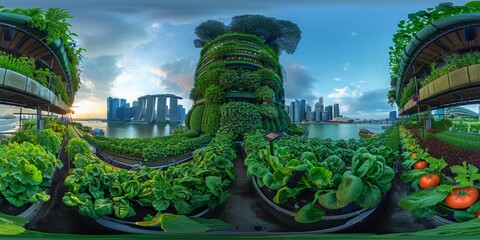 Poster - An immersive 360-degree equirectangular panorama of Singapore in the future, showcasing vertical farms and green rooftops providing fresh