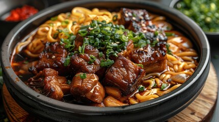 Wall Mural - Pork rib noodles with big pieces of pork ribs, chewy noodles, and a spicy sauce. Generative AI.