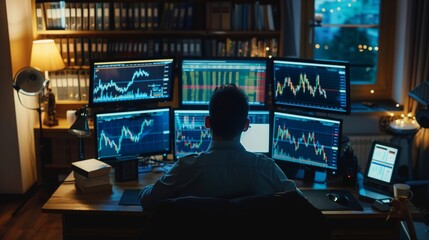 Fototapete - A man sits at his desk, facing multiple computer monitors displaying stock charts. He is working late at night in his home office.