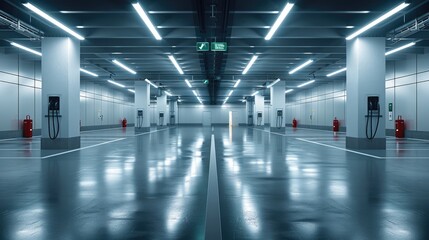 Leinwandbilder - A big empty garage with car chargers, ultra realistic, taken at a slight angle. Generative AI.