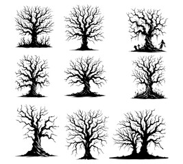 Scary dead tree silhouette vector illustration style with white background 