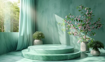 green podium display, satin wave curtain on green background empty pedestal for natural cosmetics products presentation d rendering.illustration