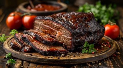 Wall Mural - Capture the smoky aroma and tender juiciness of a classic barbecue brisket, with its caramelized crust and melt-in-your-mouth texture.