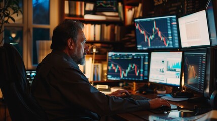 Fototapete - A man sits at a desk in a dimly lit room, focused on analyzing financial data displayed on multiple computer monitors. He appears engrossed in studying the stock market trends.