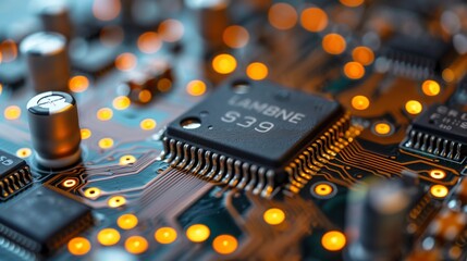 Poster - A close-up shot of a circuit board with a microchip, featuring intricate circuitry and glowing components.