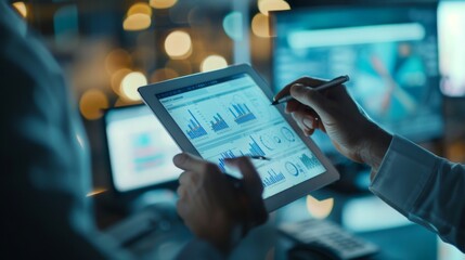 Aufkleber - A business analyst analyzing data trends on a tablet with interactive graph visualizations