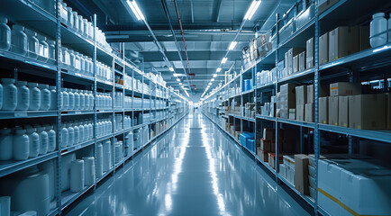 Poster - A medicine company storage factory, clean. Generative AI.