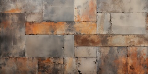 Wall Mural - Abstract Wall Texture of  Distressed Tiles in Grey, Brown, and Orange Tones