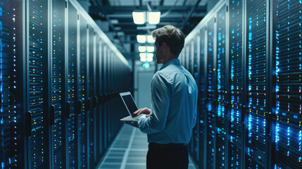 Fototapete - In a big data center full of rack servers, an IT technician works on a laptop. Diagnoses, maintains, and sets up systems. Generative AI.