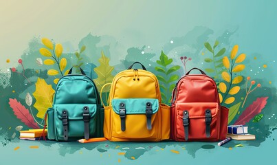 backpack, colorful school supplies on green background back to school sale banner design.stock photo