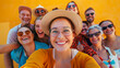 © Miljan Živković - self portrait of group of mature adult people stand on yellow wall