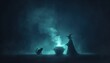 © narak0rn - Mysterious silhouette of a witch performing magic beside a cauldron with a cat, illuminated by a mystical green light in a dark, foggy night.