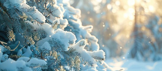 Poster - Close-up image showcasing beautiful snow-covered spruce branches on a sunny day in a winter forest landscape in Finnish nature, ideal for a copy space image.