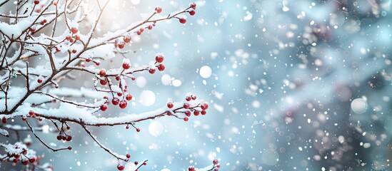 Leinwandbilder - Snow-covered tree branch in a winter setting with copy space image for various design purposes like backgrounds, Christmas cards, wallpapers, or nature designs.