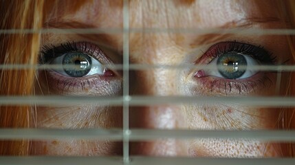 Poster - Elevate your design projects with a stock-style image featuring a stunning woman peering through open blinds against a neutral white