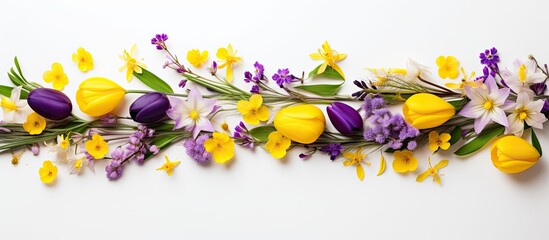 Sticker - A spring-themed flat lay arrangement with yellow and purple flowers on a white background, representing the concept of both spring and Easter, with copy space image available.