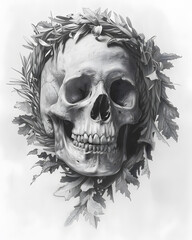 Wall Mural - a black and white drawing of a skull with a laurel wreath around it