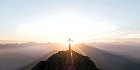 Silhouette of cross on mountain symbolizing Jesuss resurrection at sunrise or sunset. Concept Religious Symbolism, Silhouette Photography, Sunrise, Sunset, Resurrection