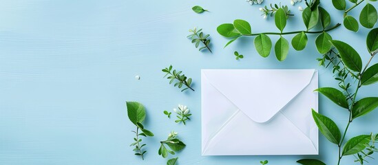Fototapete - Spring-themed background featuring a white envelope adorned with green plants on a blue backdrop, with ample copy space image.