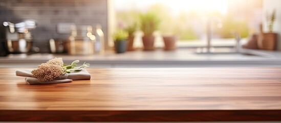 Poster - Blurry kitchen background with a wooden table surface meant for showcasing products or design placements with a copy space image included.