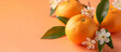 © Welle Photos - Minimalist orange background with two oranges and jasmine flowers on the right, copy space concept, banner for e-commerce, yellow background, in the style of an e-commerce banner.