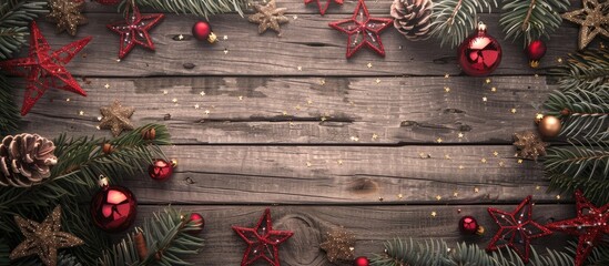 Poster - Christmas decoration frames on a wooden background with space for text or images. Ideal for Xmas cards, invitations, or commercial use.