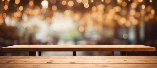 Poster - Brown wooden table with empty space setting, blurred Coffee shop background, ideal for product display with bokeh effect in the image.