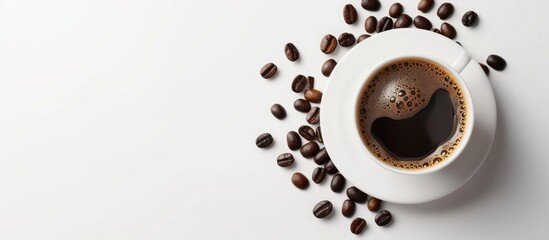 Aufkleber - On a white background, a coffee cup and coffee beans arranged elegantly providing copy space image.