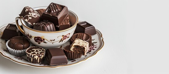 Sticker - A cup filled with chocolates placed on a plate against a white background, ideal for a copy space image.