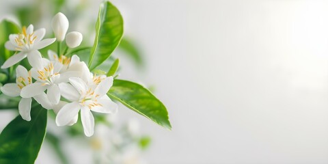 Wall Mural - White neroli blossoms on citrus trees against white background create glowing image. Concept Nature, Photography, Citrus Trees, White Background, Flowers