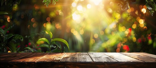 Poster - Blurry natural background setting behind a tabletop with space for images.