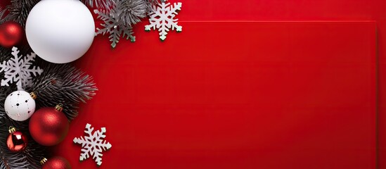 Aufkleber - A Christmas greeting card surrounded by fir branches, snowflakes, and decorations on a red background with a mock-up for a copy space image in a top-down view.