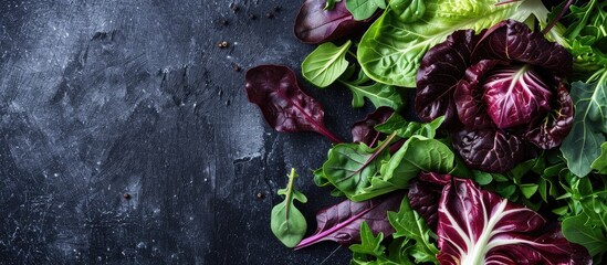 Wall Mural - Home-grown organic greens like radicchio, lamb's lettuce, and rocket for smoothies and salads, providing a fresh taste. Perfect for a copy space image.