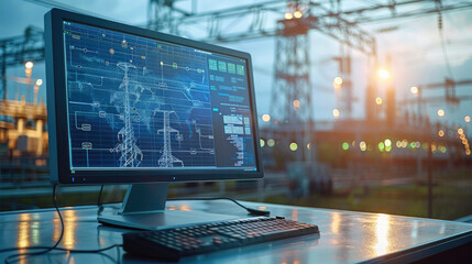 Aufkleber - An electrical project is displayed on a computer screen, along with CAD software, with electricity towers and solar panels in the distance. Generative AI.
