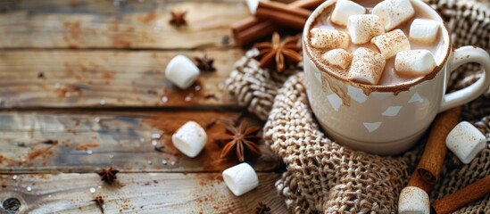 Poster - Hot chocolate served in a cup garnished with marshmallows, cinnamon, and anise on a wooden background with copy space image.