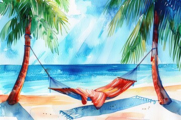 Wall Mural - Colorful watercolor painting of a peaceful beach scene with a hammock tied between two palm trees, overlooking a serene ocean view.