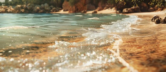 Poster - Beach scene with a focus on the shoreline, offering recreational amenities, set against an abstract backdrop with a side view and close-up details, featuring ample copy space for images.