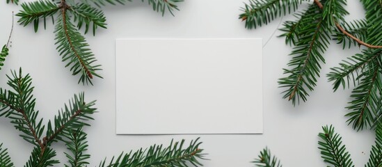 Fototapete - Christmas tree branches on a blank business card create a New Year celebration concept with a side view in a minimalist mockup, ideal for event invitations or advertising with copy space image.