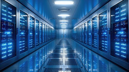 Fototapete - A large server rooms with blue screens and LED indicators, highlighting the need for more storage and data management, modern and sleek design. Generative AI.