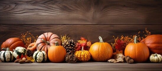 Poster - Various pumpkins adorned with nuts, berries, and grains arranged in front of rustic wooden boards in a festive fall-themed arrangement, perfect as a copy space image.