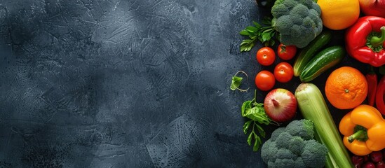 Sticker - Top view of fresh fruits and vegetables creating a backdrop with copy space image.