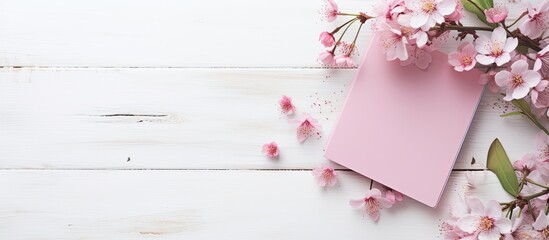 Aufkleber - Spring photography of lovely pink notebooks, flowers, a gift, and clothespins on a white wooden backdrop with copy space image.