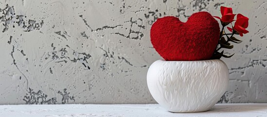 Wall Mural - Heart-shaped red fabric in a white pot, perfect for Valentine's Day or wedding celebrations, against a backdrop ideal for a copy space image.