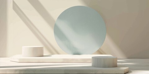 japanese minimal product display scene, light cream color, 2 empty modern table podiums, soft light and shadows, large light blue circle centered behind podiums, japanese concept of ensÅ, serene colo