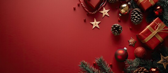 Poster - A festive Christmas-themed flat lay arrangement with pine cones, gold stars, fir branches, red bauble decoration, and creative gift boxes on a red paper background with copy space image.